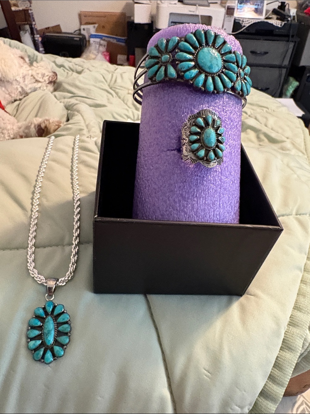 Turquoise Floral Cluster Bracelet, Ring & Pendant Set - Women Jewelry